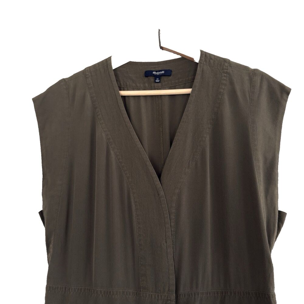 Madewell 100% Silk Dress Womens 12 Olive Green V Neck Button Front - Picture 2 of 9